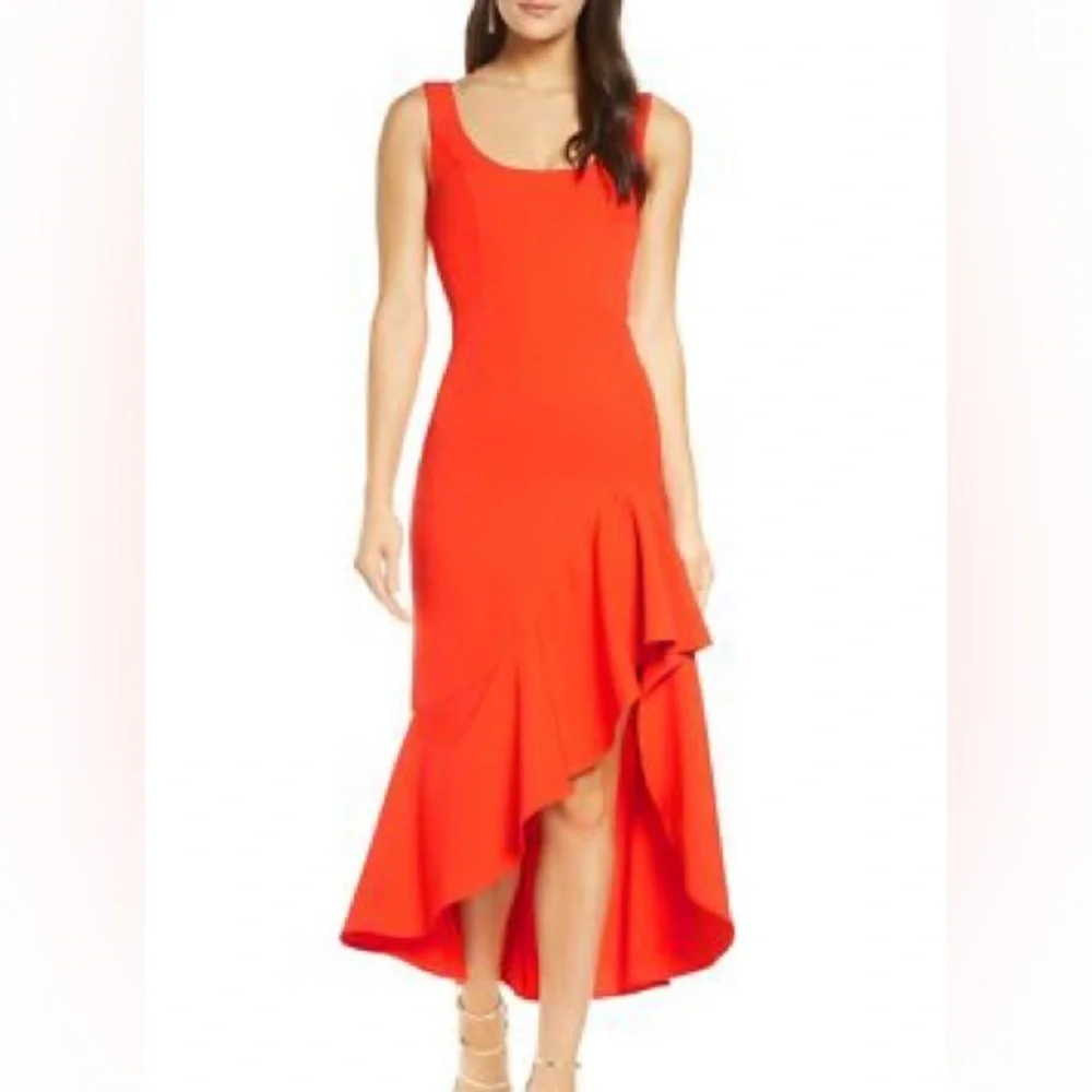 BARDOT REVOLVE Esther Frill High Low Flamenco Midi Dress in Paprika Red NWT